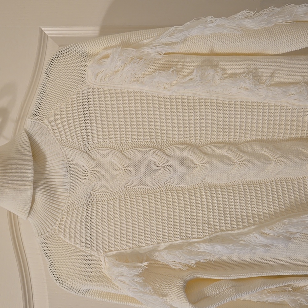BTFBM Cream Knit Fringe Turtleneck Sweater Size S - Picture 2 of 9